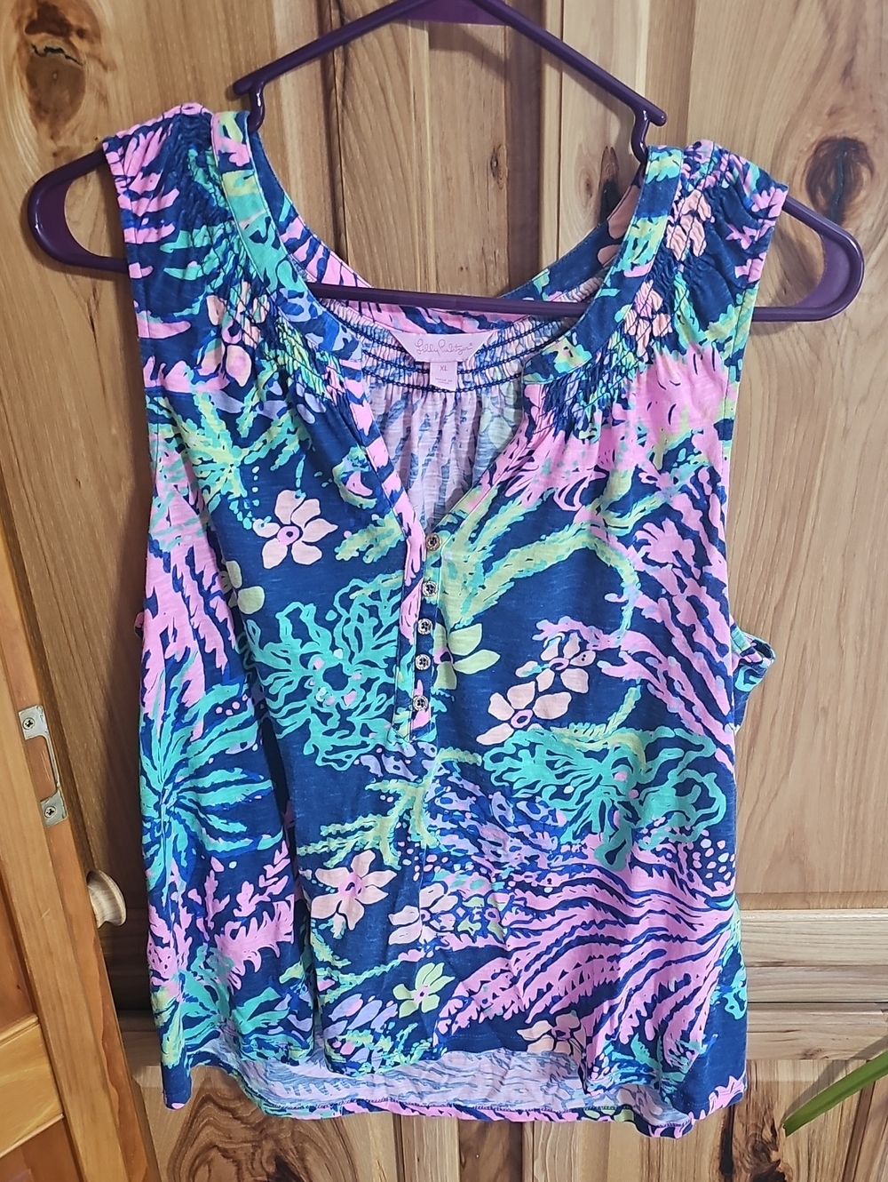 Lilly Pulitzer Navy Floral Print Sleeveless Tank with Pink & Teal Accents
